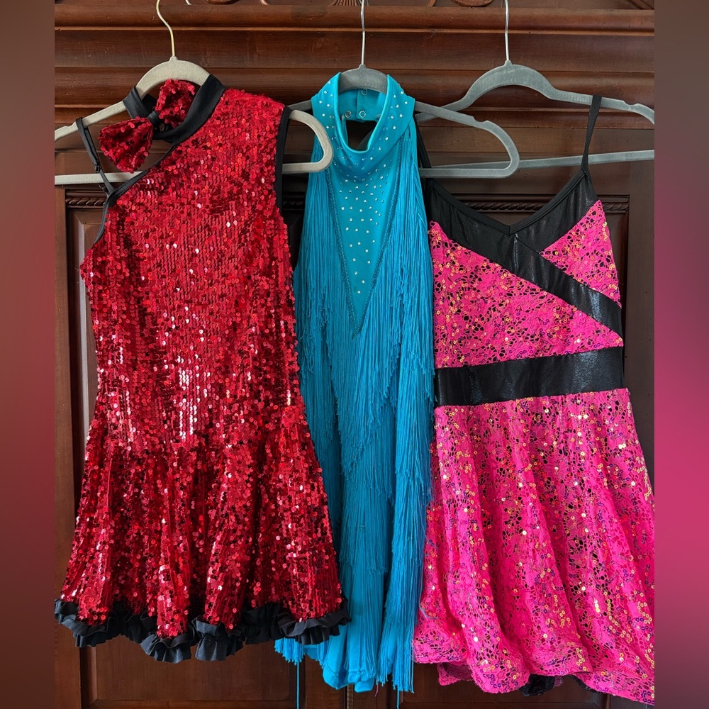 Set of 3 Performance Costumes: Red Sequin, Pink Backless; Blue Fringe.